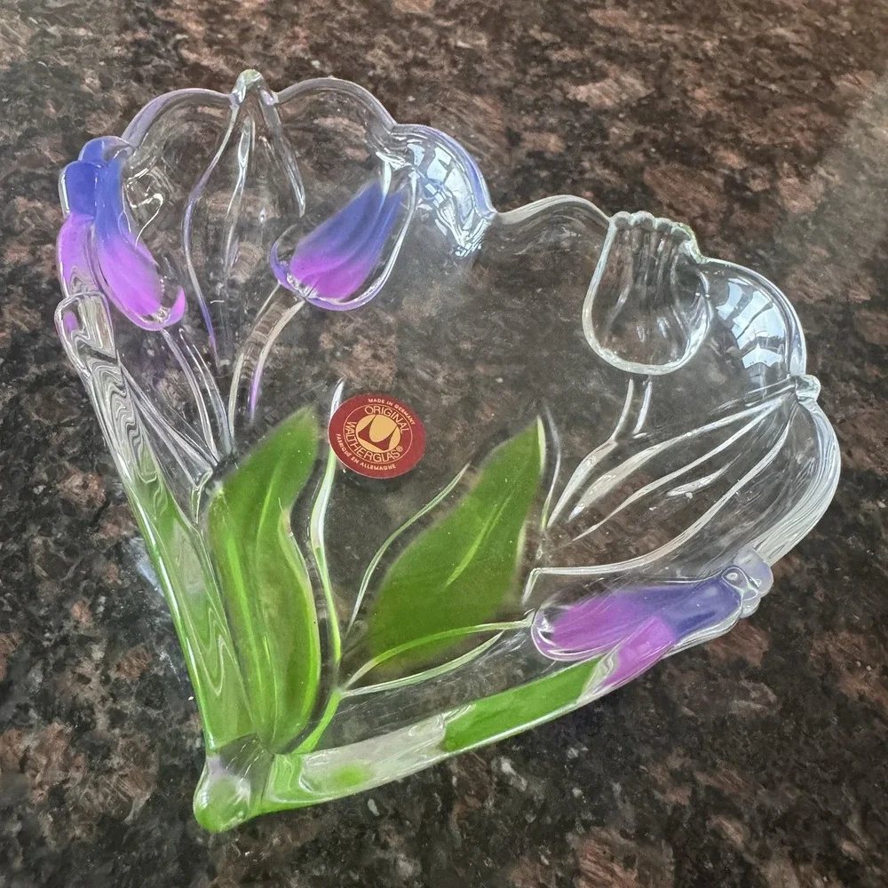 Waltherglas Heart~Shaped Glass Candy Dish Tulips Flowers German Original Sticker
